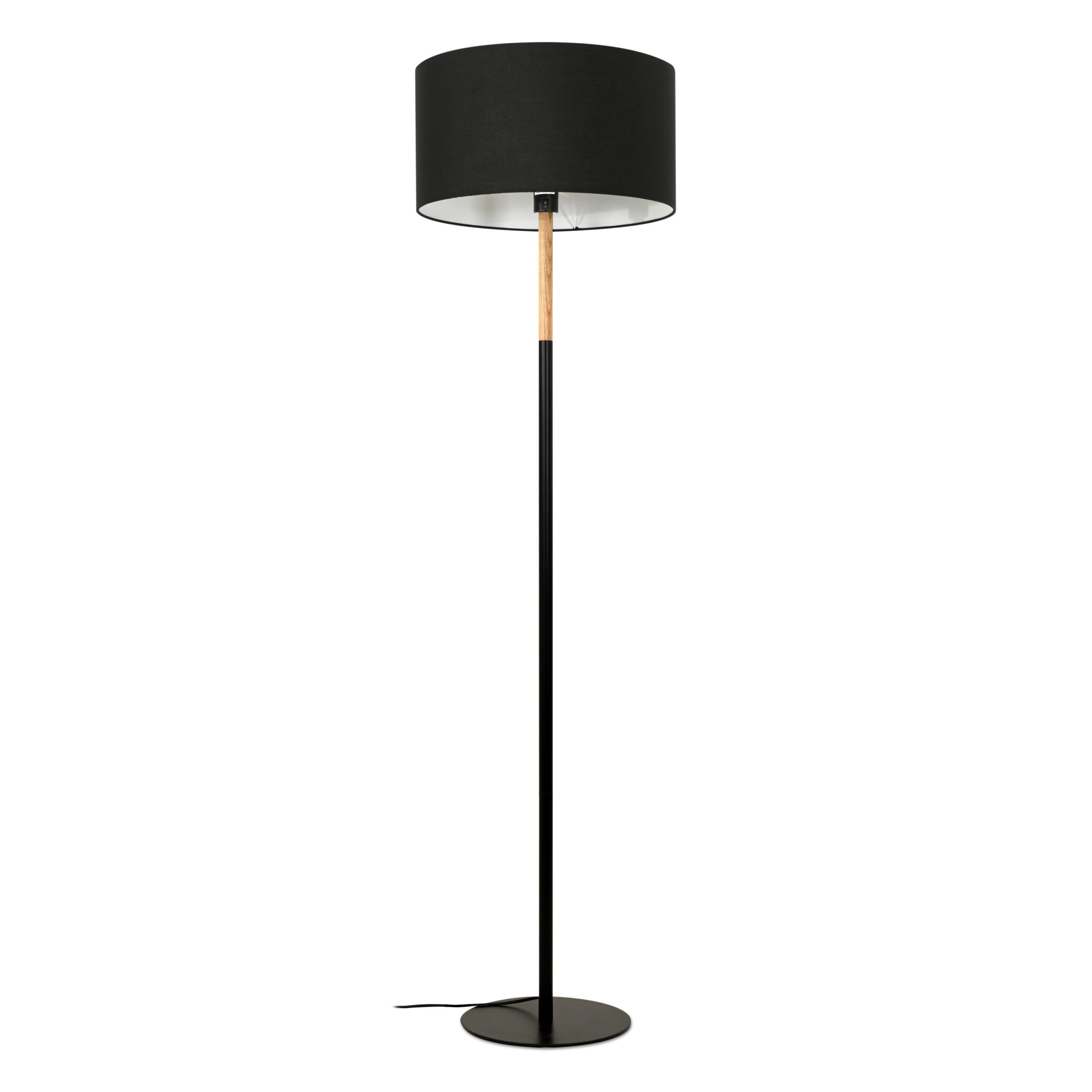 Haag lattiavalaisin, korkeus 164 cm ja halkaisija 44 cm. Materiaalit: puu, metalli ja kangasvarjostin. Väri: musta. Valaisin Grönlund Oy.