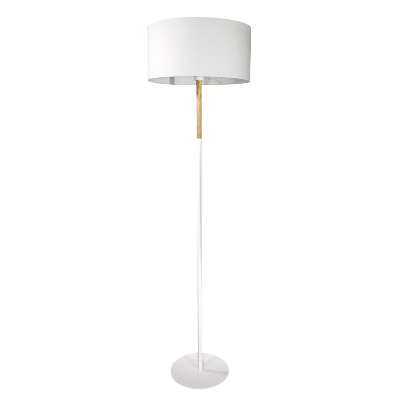 Haag lattiavalaisin, korkeus 164 cm ja halkaisija 44 cm. Väri: valkoinen. Materiaalit: puu ja metalli sekä kangasvarjostin. Valaisin Grönlund Oy.
