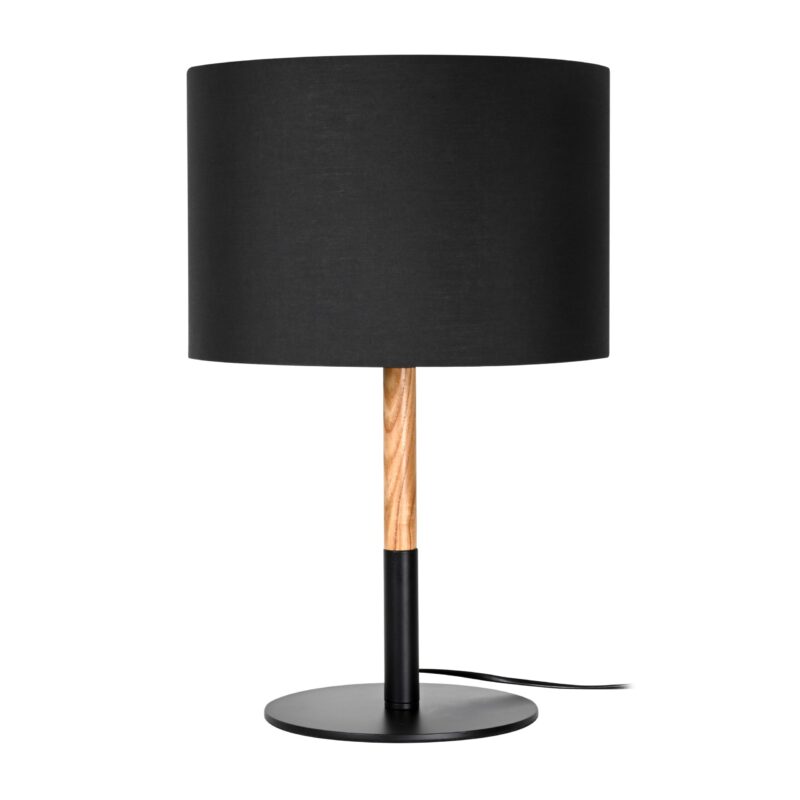 Haag pöytävalaisin, kork. 43 cm ja halk. 30 cm. Materiaali: puu ja metalli. Väri: musta. Valaisin Grönlund Oy.
