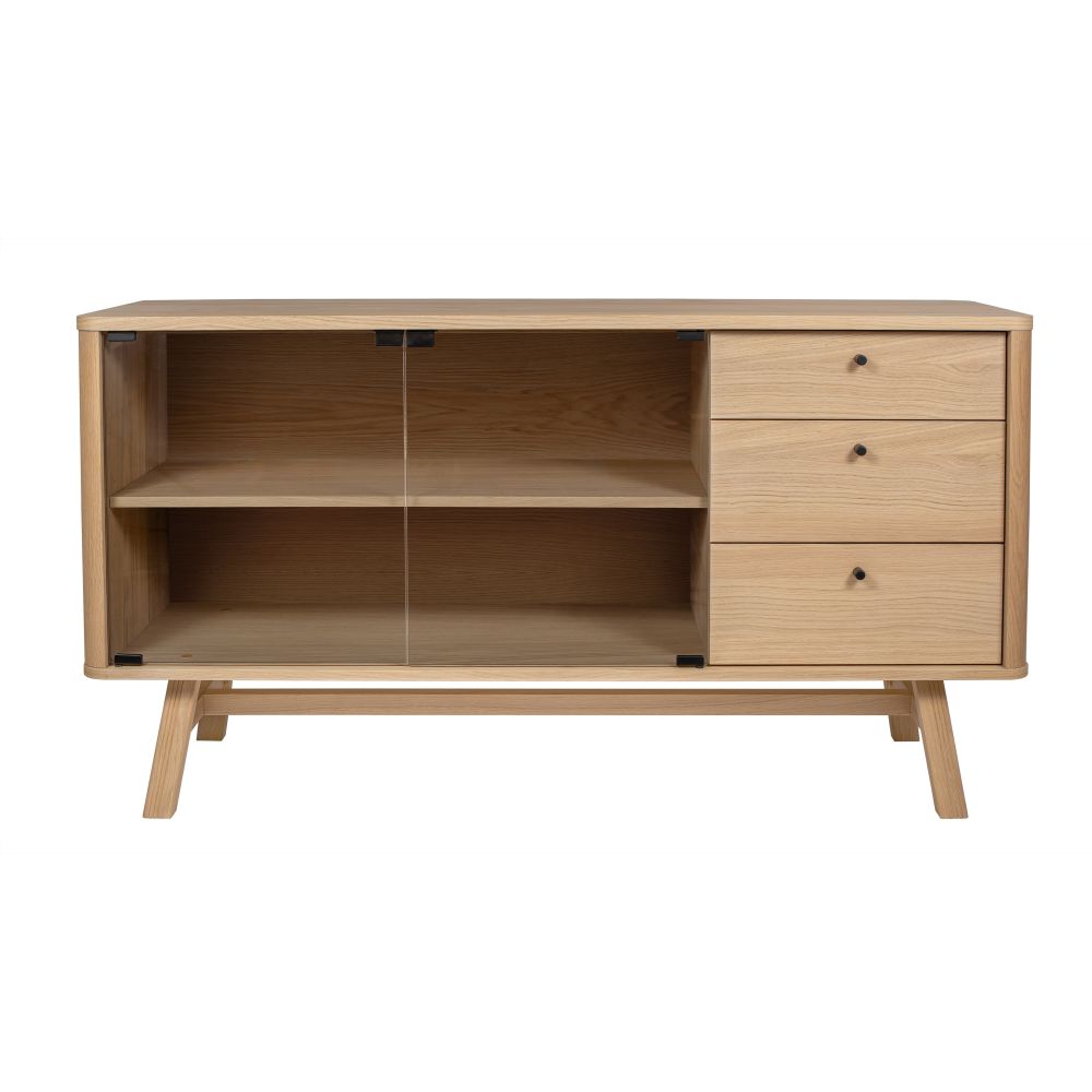Skagen senkki, tammiviilutettu runko kaksilla magneettikiinnitteisillä lasiovilla, 3 vetolaatikkoa, jalat mustaksi petsattua massiivikoivua. senkin leveys 140 cm, syvyys 45 cm ja korkeus 75 cm.