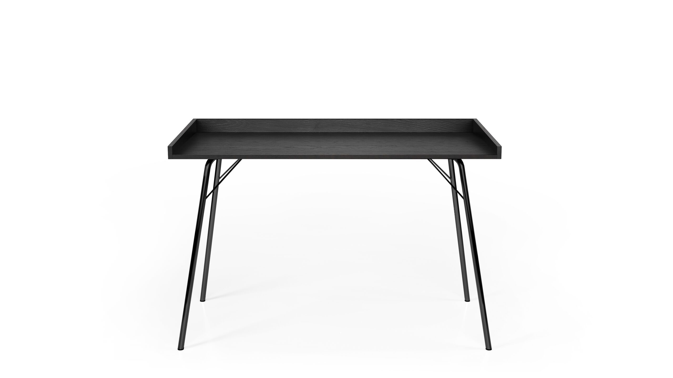 Rayburn työpöytä, leveys 115 cm, syvyys 52 cm ja korkeus 78 cm. Pöytälevy mustaksi petsattua tammiviilua, jalat pulverimaalattu mustaksi. Siro, mutta vankka pöytä.