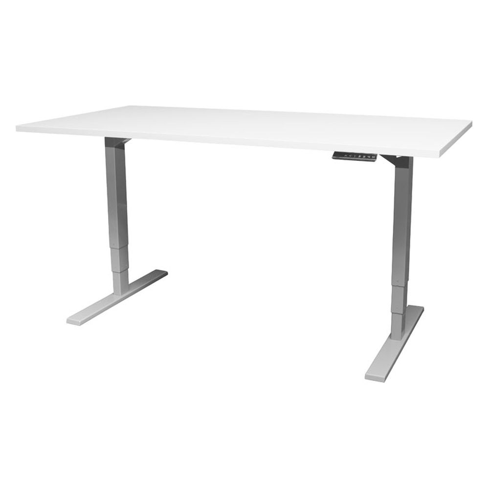Epos sähkösäätöpöytä, 140x80 cm, harmaaksi maalattu jalusta, valkoinen tai musta melamiinitaso.